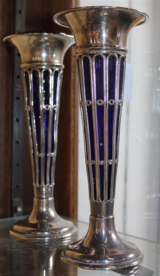 Pair silver specimen vases and blue glass liners